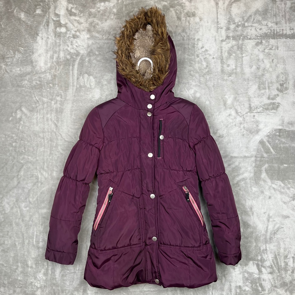 Jessica Simpson Girls Puffer Coat Faux Fur Hood Hooded Zip Front‎ Pockets Purple
